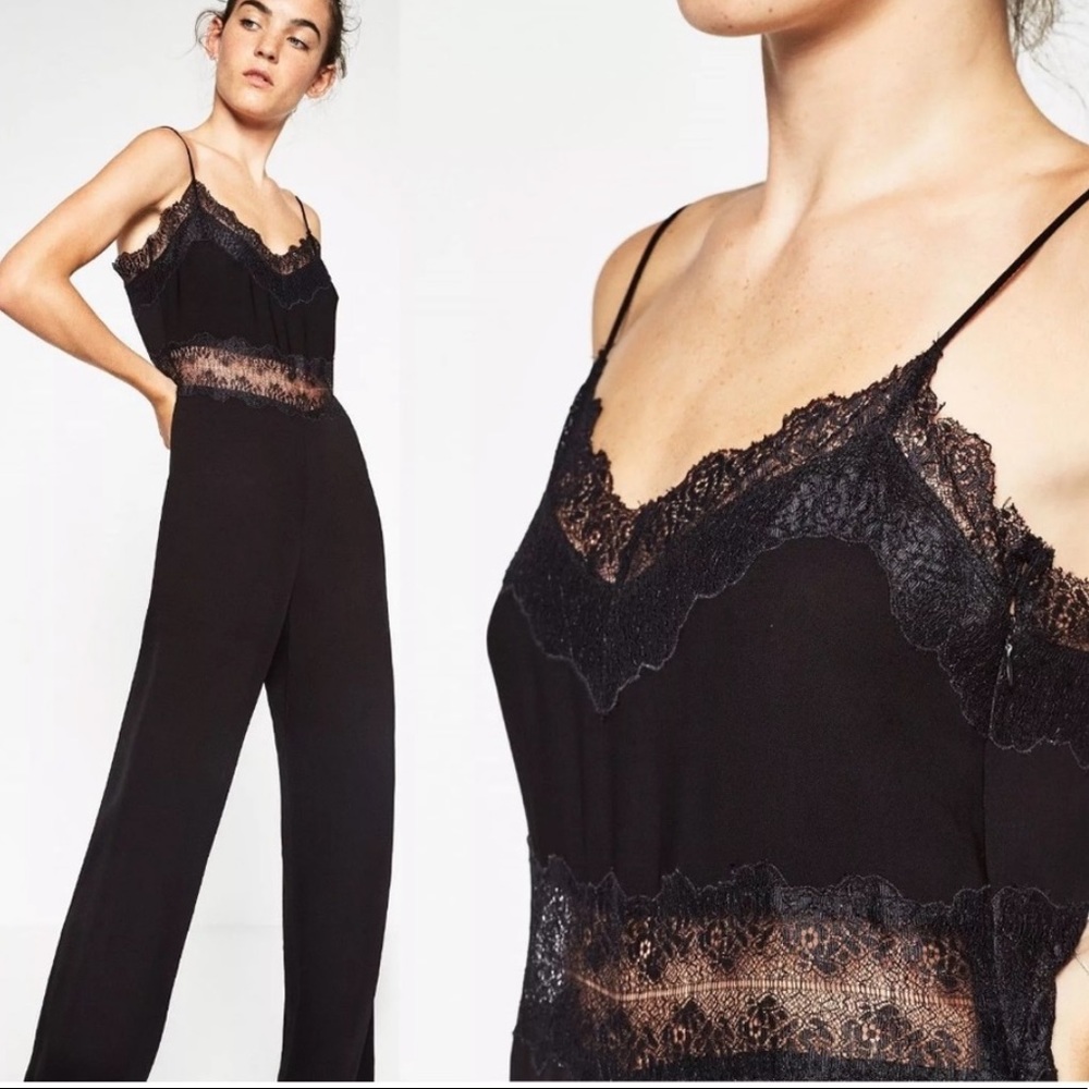 ZARA Black Jumpsuit Lace Trim. SMALL